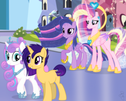 Size: 2500x2000 | Tagged: safe, artist:ilaria122, princess cadance, princess flurry heart, twilight sparkle, oc, oc:shooting star (ilaria122), alicorn, pony, g4, cousins, crown, ethereal mane, female, glowing mane, high res, jewelry, mare, next generation, offspring, older, older flurry heart, parent:flash sentry, parent:princess cadance, parent:shining armor, parent:twilight sparkle, parents:flashlight, parents:shiningcadance, regalia, simple background, sisters-in-law, starry mane, twilight sparkle (alicorn), ultimate cadance, ultimate twilight