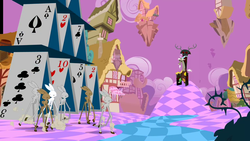 Size: 1280x720 | Tagged: safe, screencap, discord, draconequus, girabbit, rabbit, g4, the return of harmony, bunny stampede, chaos, discord's throne, discorded landscape, floating island, house of cards, male, playing card, ponyville, purple sky, throne