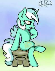Size: 470x604 | Tagged: safe, artist:kp-shadowsquirrel, artist:uncletwick, lyra heartstrings, pony, unicorn, g4, crossed legs, female, mare, sitting, solo, stool, trace