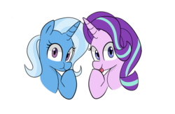 Size: 712x468 | Tagged: safe, artist:lance, starlight glimmer, trixie, pony, unicorn, g4, :p, :t, boop, cute, diatrixes, duo, female, glimmerbetes, looking at you, mare, self-boop, silly, silly pony, simple background, smiling, tongue out, white background