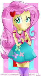 Size: 2900x5381 | Tagged: safe, artist:vixelzf, fluttershy, equestria girls, g4, alternate design, blushing, clothes, cute, female, fluttershy's skirt, glowing eyes, heart, jewelry, legs together, looking at you, miniskirt, nail polish, necklace, shy, shyabetes, simple background, skirt, smiling, socks, solo, thigh highs, thigh socks, zettai ryouiki