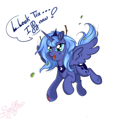 Size: 3000x3000 | Tagged: safe, artist:saralien, princess luna, alicorn, pony, blood, crying, cute, dialogue, female, filly, flying, injured, lunabetes, mare, s1 luna, scratches, simple background, solo, tears of joy, twig, white background, woona, younger