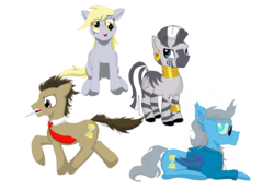 Size: 2914x2041 | Tagged: safe, artist:sixes&sevens, derpibooru exclusive, derpy hooves, doctor whooves, time turner, zecora, bat pony, earth pony, pegasus, pony, zebra, g4, doctor who, ear piercing, earring, female, high res, hooves, jewelry, male, mare, necktie, piercing, self ponidox, sonic screwdriver, stallion, sunglasses, tenth doctor, the doctor, timelord ponidox, twelfth doctor