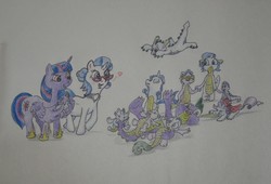Size: 1498x1021 | Tagged: safe, artist:hillbe, rarity, spike, twilight sparkle, oc, alicorn, dracony, hybrid, pony, g4, alternate hairstyle, dog pile, family, female, glasses, interspecies offspring, male, offspring, older, older rarity, older spike, parent:rarity, parent:spike, parents:sparity, ship:sparity, shipping, straight, traditional art, twilight sparkle (alicorn), wing hold