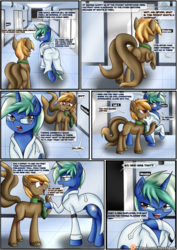 Size: 2893x4092 | Tagged: safe, artist:novaspark, oc, oc only, oc:mocha glaze, oc:nova spark, earth pony, monster pony, original species, pony, tatzlpony, comic:working for a mad mare, butt, clothes, comic, dialogue, double tail, duo, duo male and female, ear fluff, earth pony oc, eye contact, female, frog (hoof), glasses, high res, hooves, horn, indoors, lab coat, laboratory, lidded eyes, looking at each other, looking at someone, male, misspelling, multiple tails, narrowed eyes, necktie, nose wrinkle, open mouth, open smile, patreon, patreon logo, plot, raised hoof, rear view, shading, shadow, smiling, speech bubble, stallion, standing, tail, underhoof, unshorn fetlocks, wall of tags