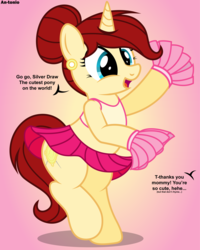 Size: 3998x5000 | Tagged: safe, artist:an-tonio, color edit, edit, oc, oc only, oc:golden brooch, pony, unicorn, cheerleader, cheerleader outfit, clothes, colored, cute, dialogue, earring, female, hair bun, jewelry, mare, milf, moe, mother, ocbetes, offscreen character, pearl earrings, pleated skirt, pom pom, skirt, skirt lift, solo