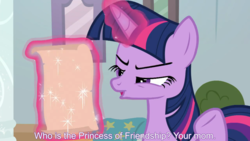 Size: 1920x1080 | Tagged: safe, screencap, twilight sparkle, alicorn, pony, g4, marks for effort, glowing horn, great moments in animation, horn, levitation, magic, scroll, squint, subtitles, telekinesis, twilight sparkle (alicorn), your mom