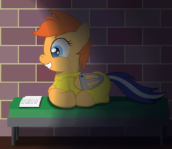 Size: 1439x1250 | Tagged: safe, artist:spellboundcanvas, oc, oc only, oc:sherbert, pony, bed, book, bound wings, clothes, creepy, creepy smile, ponyloaf, prison, prison outfit, prisoner, reading, smiling, solo