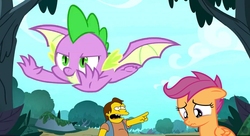 Size: 1118x608 | Tagged: source needed, safe, edit, edited screencap, screencap, scootaloo, spike, dragon, human, pony, g4, molt down, abuse, crossover, everyone but scootaloo can fly, male, nelson muntz, scootabuse, scootaloo can't fly, scootasad, the simpsons, winged spike, wings