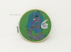 Size: 1500x1100 | Tagged: safe, artist:hipsterowlet, queen chrysalis, g4, embroidery, female, solo, tongue out, traditional art