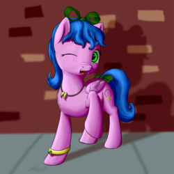 Size: 1860x1860 | Tagged: safe, artist:shaliwolf, oc, oc only, oc:windley foxglove, pegasus, pony, bow, bracelet, digital art, female, jewelry, mare, necklace, one eye closed, signature, solo, wink