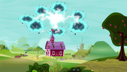 Size: 1280x720 | Tagged: safe, screencap, twittermite, bloom & gloom, g4, barn, electricity, impending disaster, lightning, swarm, sweet apple acres
