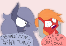 Size: 2510x1764 | Tagged: safe, artist:moonatik, oc, oc only, oc:moonatik, oc:selenite, bat pony, bat pony oc, clothes, dialogue, exploitable, glasses, it's only a meme template if you make it one, lalala