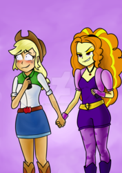 Size: 1024x1447 | Tagged: safe, artist:nvc19, adagio dazzle, applejack, equestria girls, g4, applejack's hat, blushing, cowboy hat, dazzlejack, female, hat, lesbian, shipping