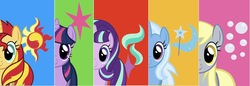 Size: 2021x696 | Tagged: safe, editor:php77, derpy hooves, starlight glimmer, sunset shimmer, trixie, twilight sparkle, pegasus, pony, unicorn, g4, cutie mark background, one of these things is not like the others, unicorn twilight, wingless, wingless alicorn