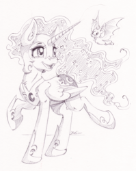 Size: 2140x2683 | Tagged: safe, artist:faline-art, nightmare moon, alicorn, bat, pony, female, flying, grayscale, mare, monochrome, simple background, sketch, smiling, traditional art, white background