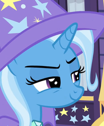 Size: 578x699 | Tagged: safe, screencap, trixie, pony, unicorn, g4, cape, clothes, cropped, female, hat, lidded eyes, mare, reaction image, smiling, solo, squint, trixie's cape, trixie's hat