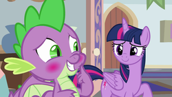 Size: 1280x720 | Tagged: safe, screencap, spike, twilight sparkle, alicorn, pony, g4, marks for effort, blushing, twilight sparkle (alicorn), winged spike, wings