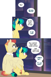 Size: 1964x2919 | Tagged: safe, artist:shinodage, oc, oc only, oc:apogee, oc:jet stream, pegasus, pony, comic, cutie mark, delta vee's junkyard, dialogue, duo, father and daughter, female, filly, freckles, hug, male, sitting, speech bubble, stallion, window, winghug