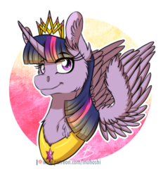 Size: 900x969 | Tagged: safe, artist:inuhoshi-to-darkpen, twilight sparkle, alicorn, pony, g4, abstract background, bust, crown, ear fluff, female, floating wings, jewelry, mare, necklace, patreon, patreon logo, portrait, regalia, solo, transparent background, twilight sparkle (alicorn)