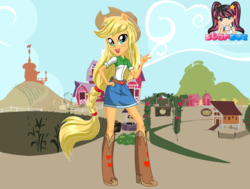 Size: 794x599 | Tagged: safe, artist:user15432, applejack, human, equestria girls, g4, my little pony equestria girls, boots, clothes, cowboy hat, dress up, dressup, equestria girls plus, farm, hat, humanized, ponied up, pony ears, shoes, solo, starsue, sweet apple acres, wondercolts