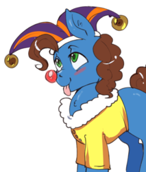 Size: 500x588 | Tagged: safe, artist:mrscurlystyles, oc, oc only, oc:silly scribe, earth pony, pony, :p, blushing, clown nose, cute, earth pony oc, hat, jester hat, ocbetes, red nose, silly, silly pony, simple background, solo, tongue out, white background