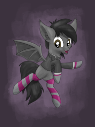 Size: 1500x2000 | Tagged: safe, artist:litrojia, oc, oc only, bat pony, pony, abstract background, bat pony oc, bowtie, clothes, flying, looking at you, male, smiling, socks, solo, spread wings, stallion, striped socks, suit, tuxedo, wings