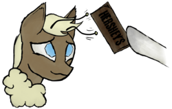 Size: 944x602 | Tagged: safe, artist:renderstarfall, oc, oc only, mothpony, original species, antennae, bust, chocolate, fluffy, food, hershey bar, simple background, solo, teasing, transparent background