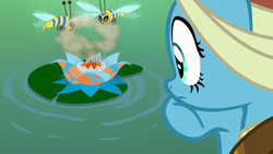 Size: 1280x720 | Tagged: safe, screencap, meadowbrook, bee, flash bee, insect, pony, a health of information, g4, female, floating, flower, hoof on chin, lilypad, mare, pollen, swamp, swamp fever plant, thinking