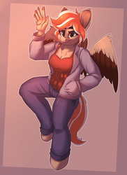 Size: 2700x3700 | Tagged: safe, artist:passigcamel, oc, oc only, pegasus, anthro, unguligrade anthro, anthro oc, clothes, commission, female, high res, mare, pants, smiling, waving