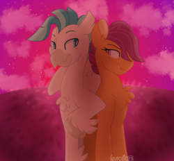 Size: 1024x951 | Tagged: safe, artist:leviostars, scootaloo, terramar, classical hippogriff, hippogriff, pegasus, pony, g4, blushing, chest fluff, cloud, ear fluff, eye contact, female, filly, grin, leg fluff, lidded eyes, looking at each other, male, nudge, nudging, ship:terraloo, shipping, shoulder fluff, smiling, smirk, straight