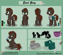 Size: 5400x4801 | Tagged: safe, artist:raspberrystudios, oc, oc only, oc:earl grey, earth pony, pony, absurd resolution, armor, commission, cutie mark, male, poses, potion, raised hoof, reference sheet, saddle bag, stallion, sword, weapon