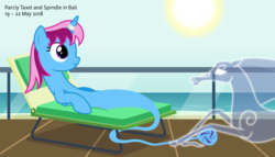 Size: 11200x6400 | Tagged: safe, artist:parclytaxel, oc, oc only, oc:parcly taxel, oc:spindle, alicorn, genie, genie pony, pony, windigo, ain't never had friends like us, albumin flask, .svg available, absurd resolution, alicorn oc, bali, beach, bottle, chair, cushion, female, horn ring, indonesia, mare, massage, massage chair, on back, parcly taxel in bali, parcly's travel covers, relaxing, smiling, sun, vector, windigo oc
