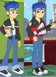 Size: 720x989 | Tagged: safe, edit, edited screencap, screencap, flash sentry, best trends forever, equestria girls, g4, my little pony equestria girls, my little pony equestria girls: better together, clothes, comparison, converse, cyoa, electric guitar, guitar, hoodie, jacket, looking at you, male, musical instrument, pants, shoes, smiling, sneakers