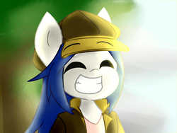 Size: 3200x2400 | Tagged: safe, artist:spheedc, oc, oc only, oc:light chaser, earth pony, pony, semi-anthro, blue hair, blurry background, clothes, digital art, eyes closed, female, hat, high res, mare, smiling, solo, sunlight, teeth