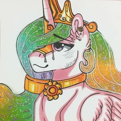 Size: 1280x1280 | Tagged: safe, artist:nightmare-moons-throneroom, princess celestia, alicorn, pony, g4, ear piercing, earring, ethereal mane, female, hair tie, jewelry, mare, marker drawing, piercing, regalia, simple background, solo, starry mane, traditional art, white background