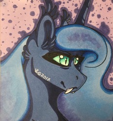 Size: 1194x1280 | Tagged: safe, artist:nightmare-moons-throneroom, nightmare moon, pony, g4, abstract background, alternate color palette, ear fluff, fangs, female, mare, missing accessory, slit pupils, solo