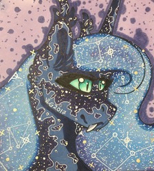 Size: 1146x1280 | Tagged: safe, artist:nightmare-moons-throneroom, nightmare moon, pony, g4, abstract background, alternate color palette, coat markings, constellation, constellation hair, dappled, ear fluff, ethereal mane, fangs, female, mare, missing accessory, slit pupils, solo, starry mane