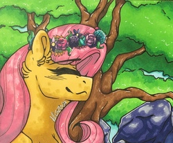 Size: 1280x1059 | Tagged: safe, artist:nightmare-moons-throneroom, fluttershy, pony, g4, ear fluff, eyes closed, female, floral head wreath, flower, mare, smiling, solo, tree