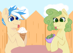 Size: 3000x2200 | Tagged: safe, artist:kiwiscribbles, oc, oc only, oc:kiwi scribbles, oc:vanilla daze, earth pony, pony, female, food, heart eyes, high res, ice cream, male, mare, stallion, tongue out, wingding eyes