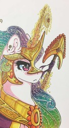 Size: 689x1280 | Tagged: safe, artist:nightmare-moons-throneroom, princess celestia, pony, g4, armor, cloak, clothes, ear fluff, ear piercing, earring, ethereal mane, female, frown, glowing horn, helmet, horn, jewelry, magic, mare, necklace, piercing, redraw, simple background, solo, spear, starry mane, telekinesis, warrior celestia, weapon, white background
