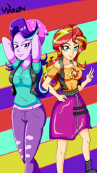 Size: 1836x3264 | Tagged: safe, artist:warriorg04, starlight glimmer, sunset shimmer, equestria girls, g4, my little pony equestria girls: better together, beanie, boots, clothes, hat, jacket, leather jacket, looking at you, midriff, pants, peace sign, shoes, skirt, vest