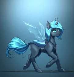 Size: 1752x1813 | Tagged: safe, artist:mykegreywolf, oc, oc only, changeling, abstract background, blue changeling, changeling oc, concave belly, curved horn, female, holeless, horn, mare, raffle prize, side view, simple background, slender, solo, strut, strutting, thin, transparent background, walking