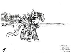 Size: 2209x1653 | Tagged: safe, artist:radiancebreaker, fluttershy, pony, g4, buzzard (mad max fury road), crossover, female, goggles, mad max, mad max fury road, monochrome, solo, spikes, traditional art, truck