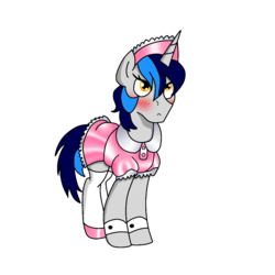 Size: 1000x1000 | Tagged: safe, artist:cappie, artist:oliver, oc, oc only, oc:cappie, pony, blushing, clothes, collaboration, crossdressing, embarrassed, maid, male, satin, shiny, shoes, silk, simple background, sissy, solo, stallion, transparent background, uniform