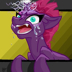 Size: 900x900 | Tagged: safe, artist:lilac, fizzlepop berrytwist, tempest shadow, pony, unicorn, g4, my little pony: the movie, angry, broken horn, crying, eye scar, fangs, female, furrowed brow, growling, horn, insanity, lightning, magic, mare, open mouth, scar, screaming, solo, sparking horn, tongue out