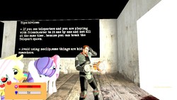 Size: 1366x768 | Tagged: safe, applejack, fluttershy, pinkie pie, rarity, g4, 3d, blindfold, bright, game, glasses, gmod, gordon freeman, gravity gun, half-life, hud, map, npc