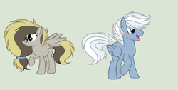 Size: 2054x1032 | Tagged: safe, artist:roseloverofpastels, oc, oc only, oc:banana nut muffin, oc:double dash, pegasus, pony, female, male, mare, offspring, parent:derpy hooves, parent:doctor whooves, parent:double diamond, parent:night glider, parents:doctorderpy, parents:nightdiamond, simple background, stallion