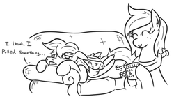 Size: 778x441 | Tagged: safe, artist:jargon scott, big macintosh, fluttershy, g4, butterscotch, couch, dialogue, female, ice pack, injured, macareina, male, monochrome, rule 63, ship:butterreina, ship:fluttermac, shipping, smiling, straight