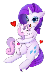 Size: 902x1383 | Tagged: safe, artist:hosikawa, rarity, sweetie belle, pony, unicorn, g4, blushing, cutie mark, duo, female, filly, heart, hug, mare, sibling love, siblings, simple background, sisterly love, sisters, the cmc's cutie marks, white background